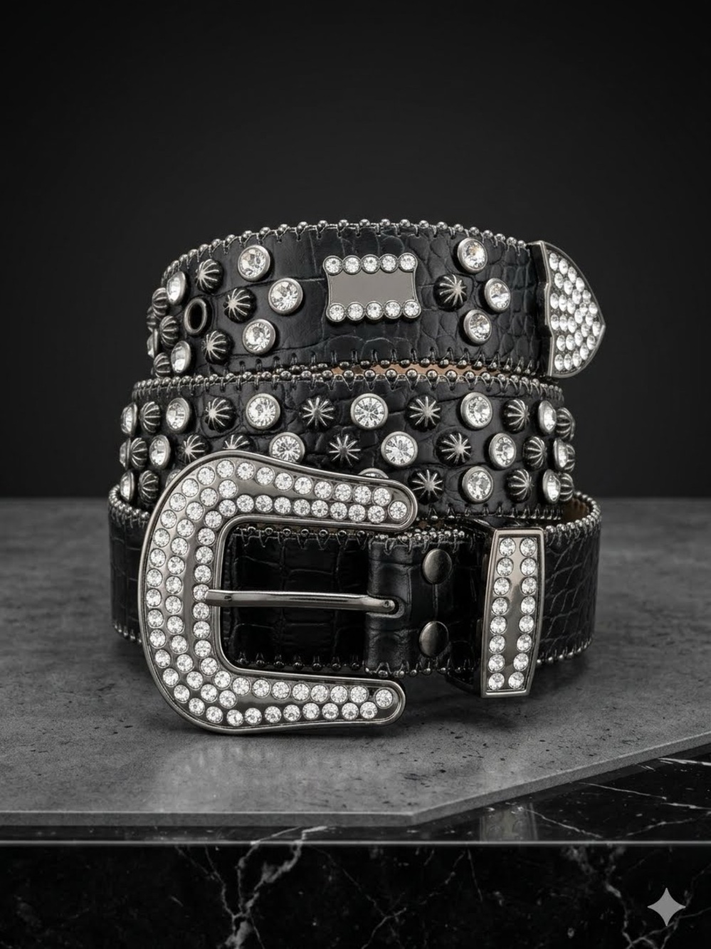 B.B. Simon Black Leather Belt with Crystal-Studded Buckle